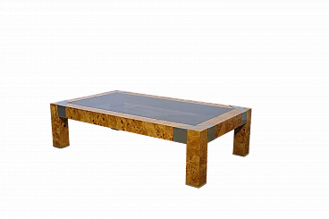 Briar-root, metal and smoked glass coffee table, 1970s