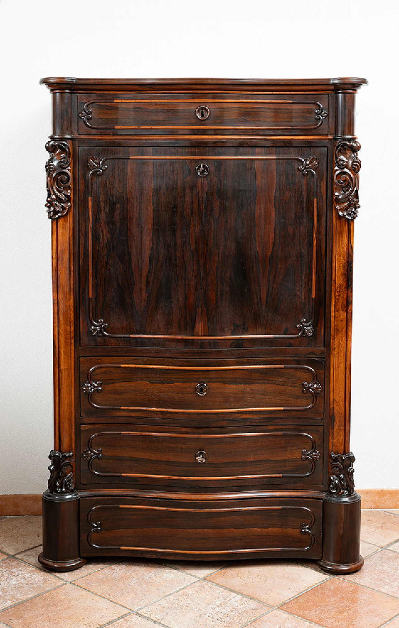 Secretaire Luigi Filippo in legno esotico con interni in acero, '800 5