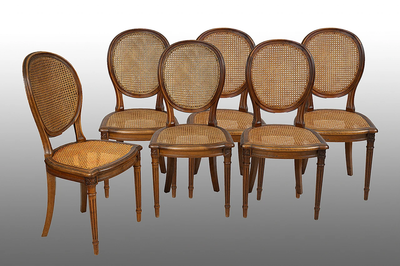 6 Sedie a medaglione Napoleone III in massello di noce, '800 1