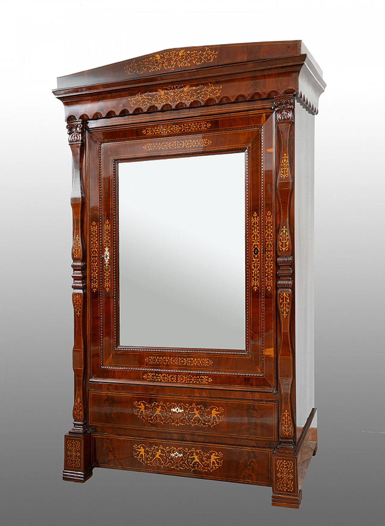 Wardrobe in mahogany and maple with mirror and 2 drawers, 19th century 1