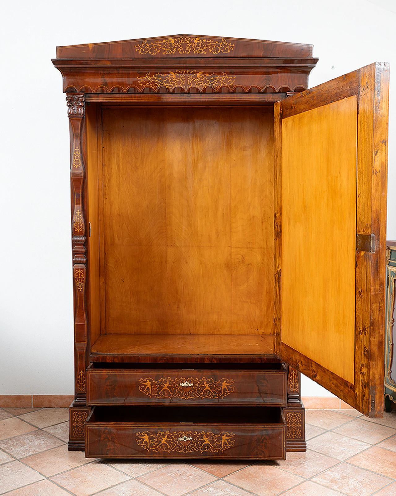 Wardrobe in mahogany and maple with mirror and 2 drawers, 19th century 8