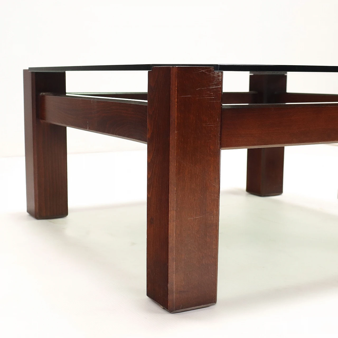 Squared coffee table in beech wood and smoked wood, 1970s 5