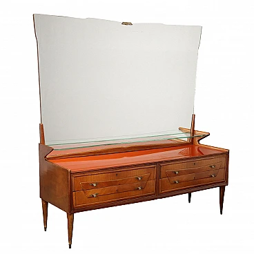 Walnut and teak dresser with mirror and drawers, 1950s