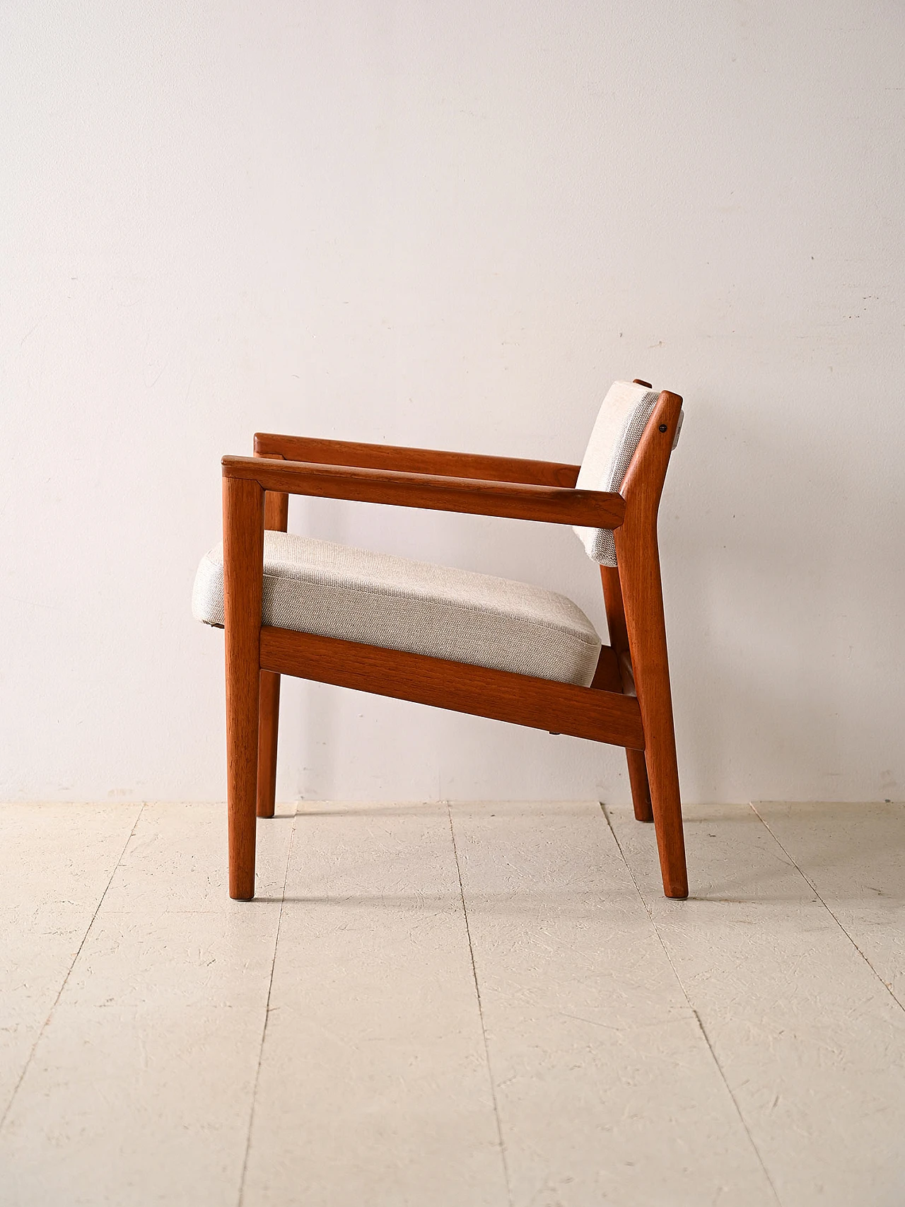 Teak armchair with padded seat and white fabric, 1960s 2