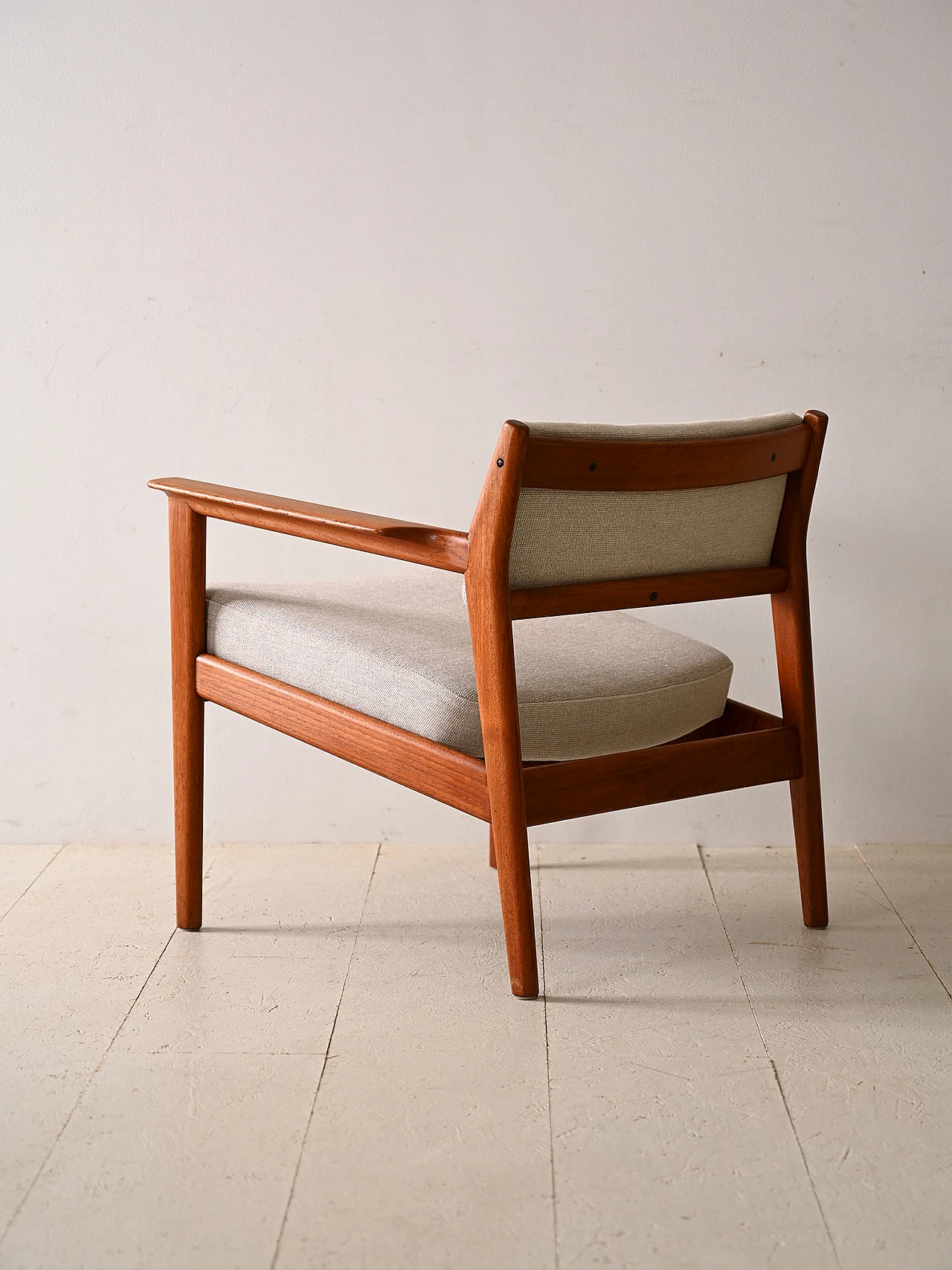 Teak armchair with padded seat and white fabric, 1960s 3