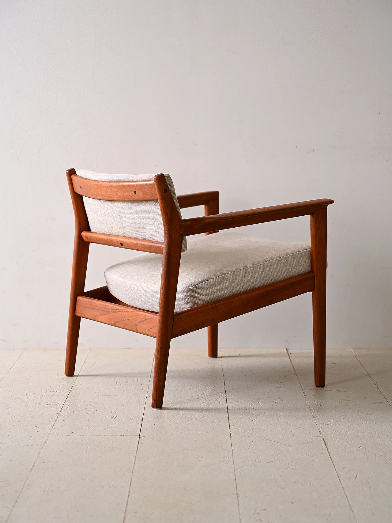 Teak armchair with padded seat and white fabric, 1960s 4