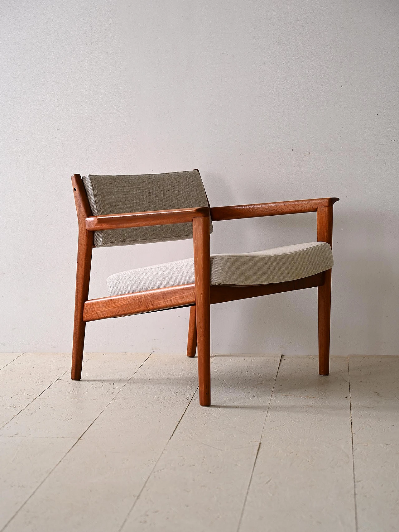 Teak armchair with padded seat and white fabric, 1960s 5