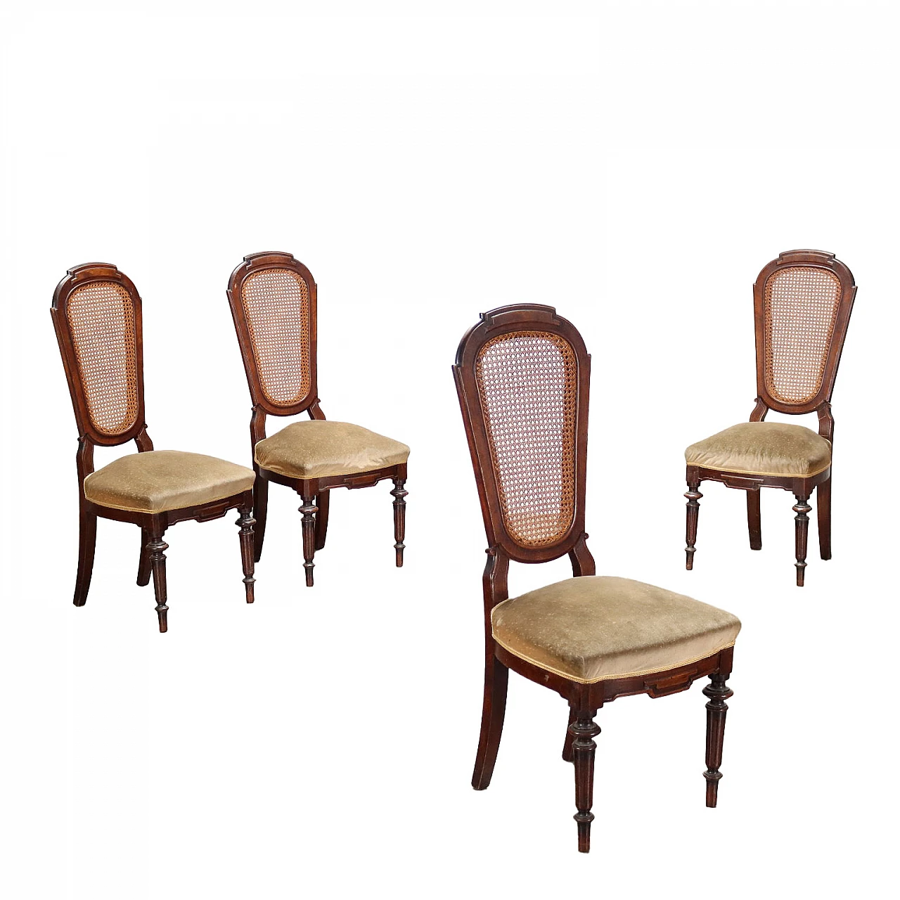 4 Umbertine walnut chairs with tanned back, late 19th century 1