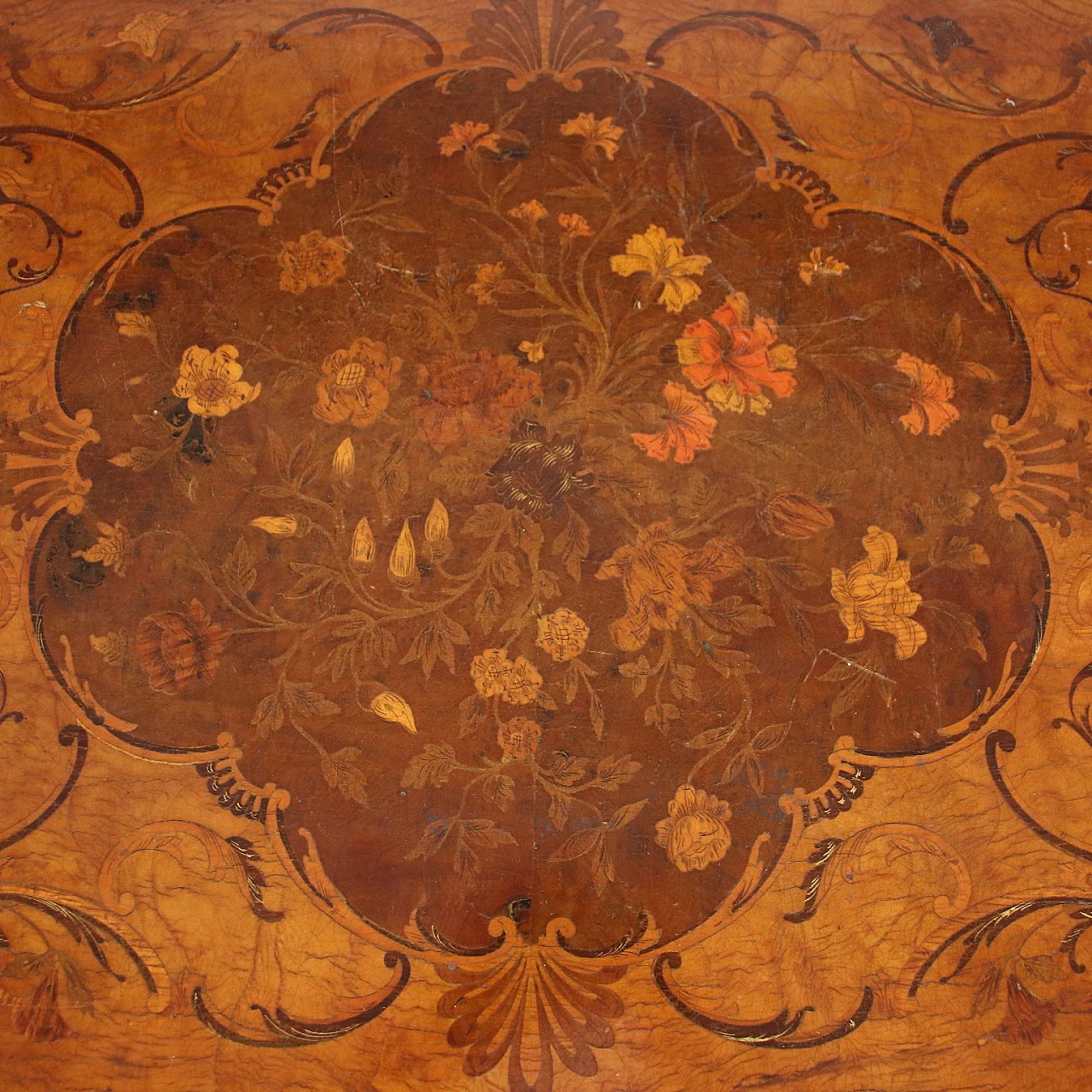 Tavolo stile Barocchetto in legno intarsiato, inizio '900 4