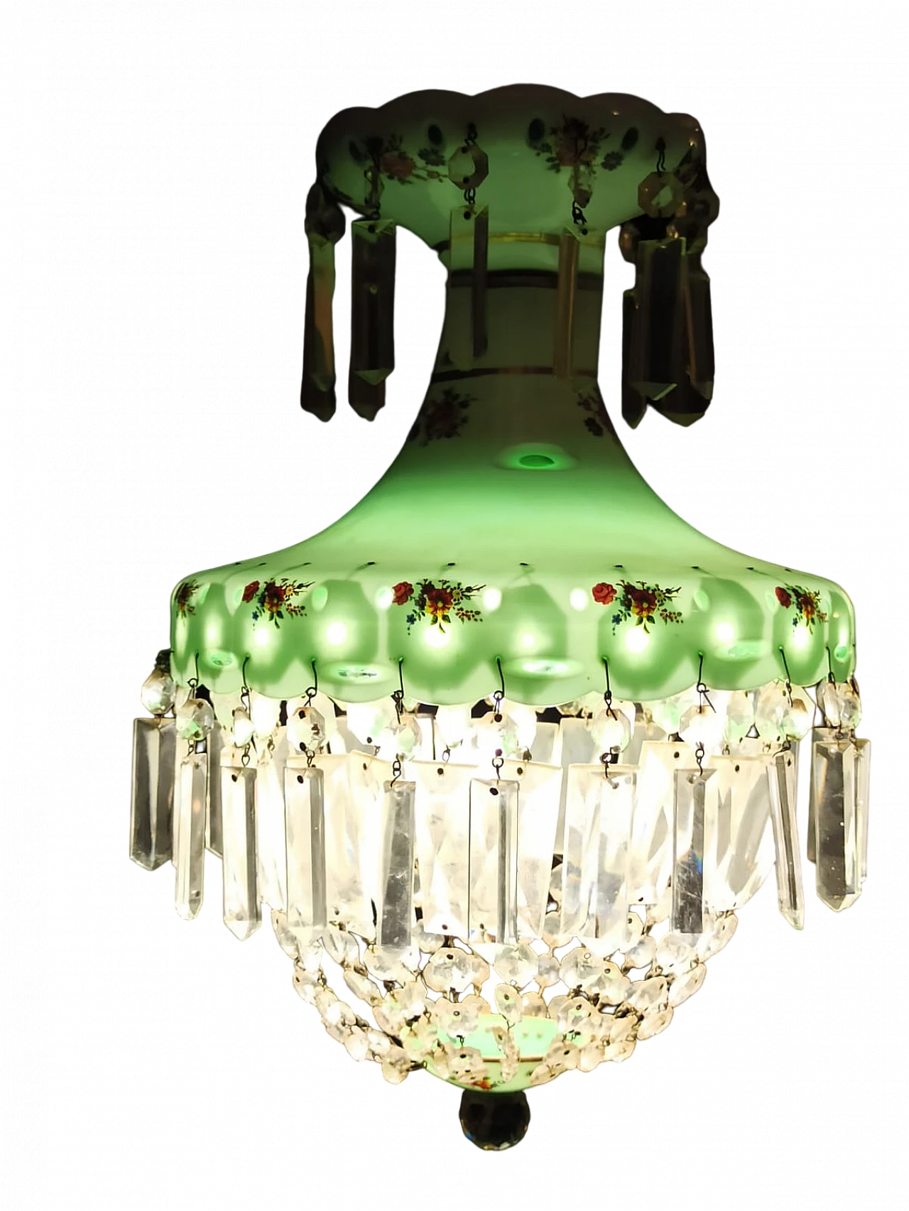 Brocante glass and crystal chandelier with floral motifs, 1950s 12