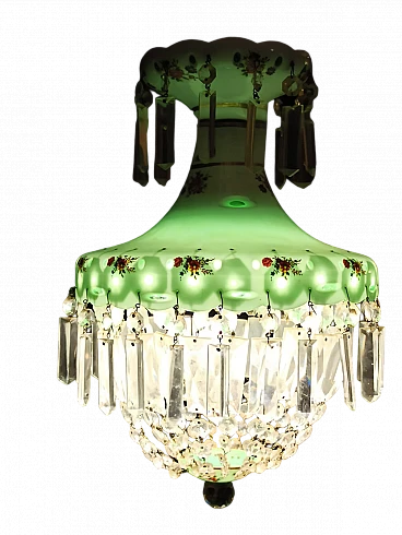 Brocante glass and crystal chandelier with floral motifs, 1950s