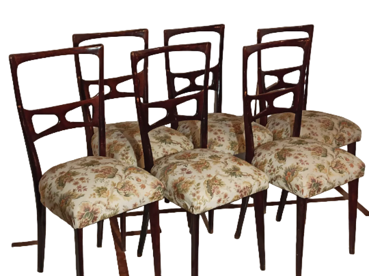 6 Mahogany and floral fabric chairs by Paolo Buffa, 1950s 6
