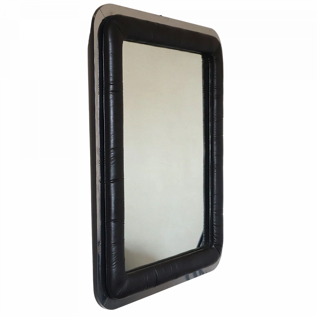 Rectangular mirror with black leather frame, 1970s 5