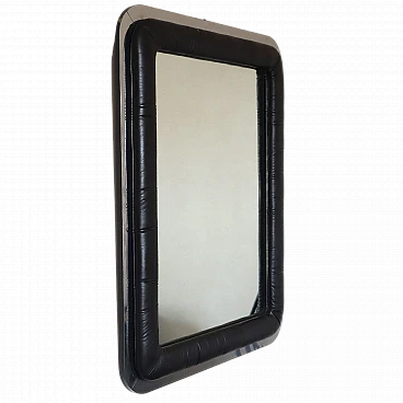 Specchio rettangolare con cornice in pelle nera, anni '70