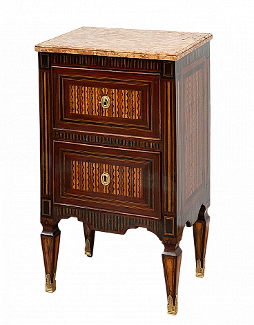 Louis XVI polychrome wood bedside table with marble top, 18th century