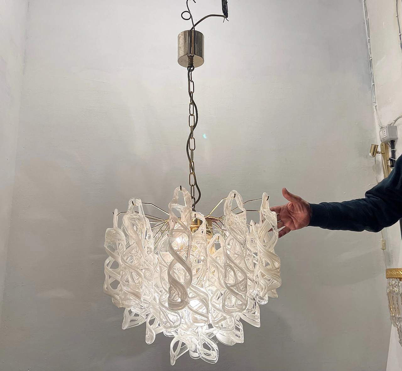 White Murano glass and brass chandelier by Mazzega, 1970s 11