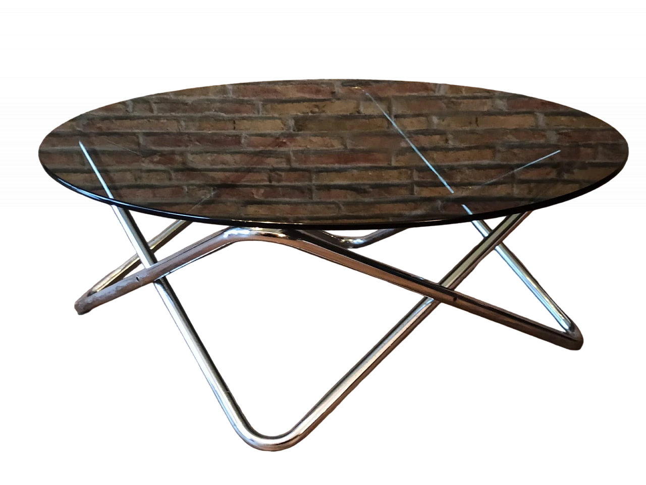 Chromed steel coffee table with black glass top, 1970s 4