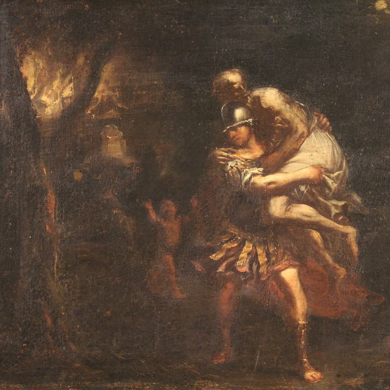 Aeneas Anchises & Ascanius flee from Troy, oil on canvas, 17th century 4
