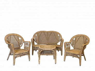 Wicker sofa, pair of armchairs and coffee table, 1980s