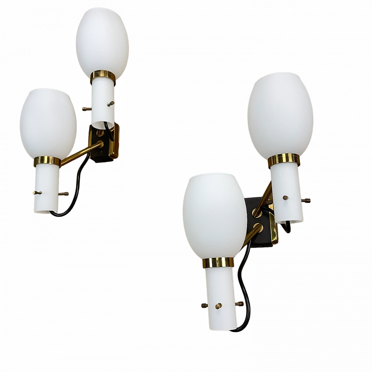 Pair of two-light opaline glass and metal wall lamps, 1950s 12