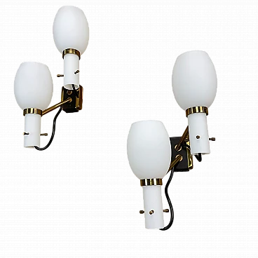 Pair of two-light opaline glass and metal wall lamps, 1950s