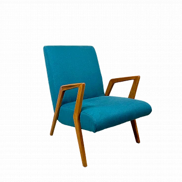 Cherry wood and light blue fabric armchair, 1960s