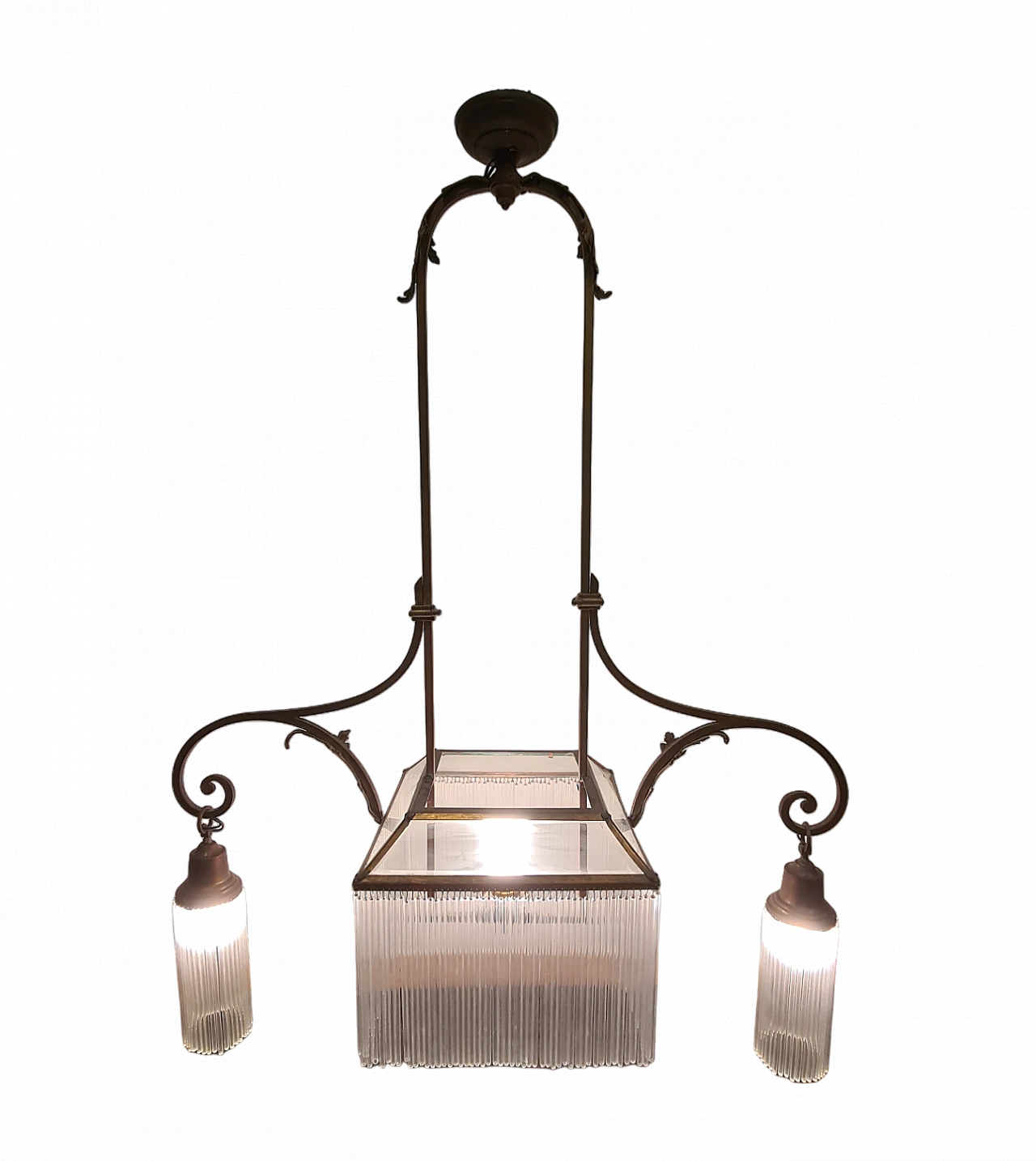 Lampadario Liberty in bronzo e vetro, anni '30 11