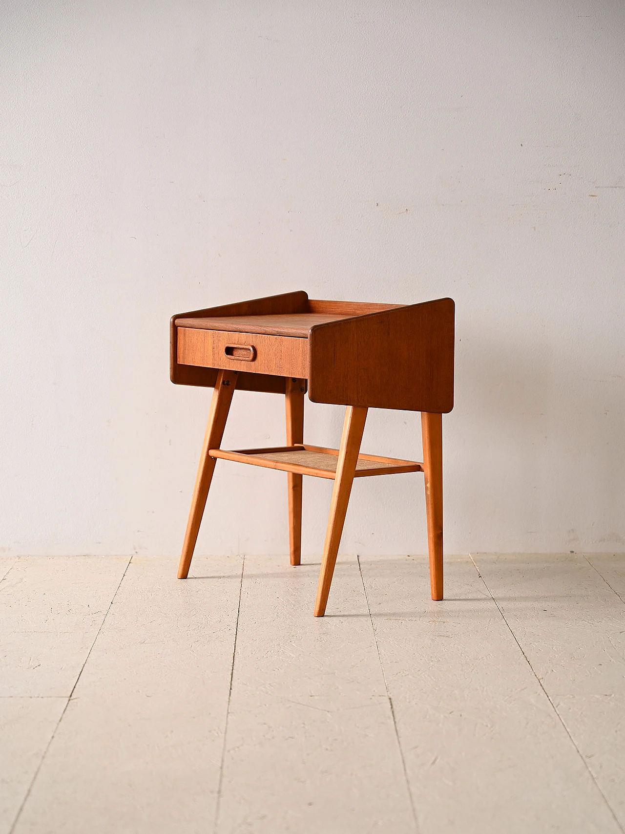 Scandinavian teak, birch and rattan bedside table, 1960s 4