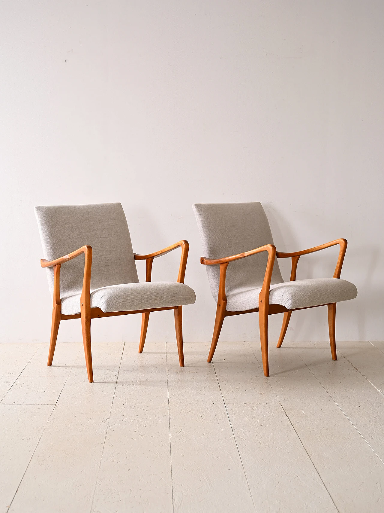Pair of Scandinavian wood and fabric armchairs, 1940s 2