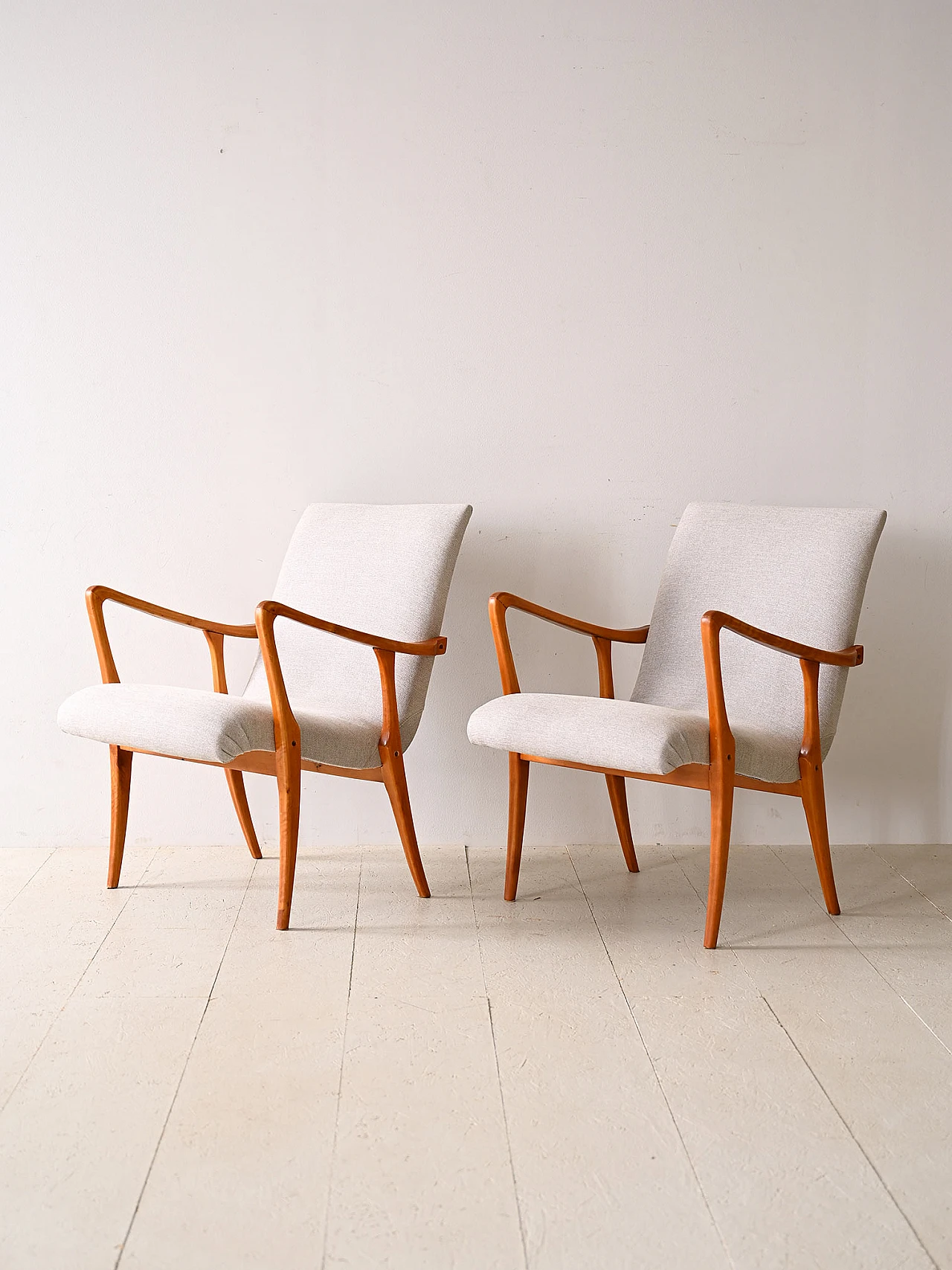 Pair of Scandinavian wood and fabric armchairs, 1940s 4