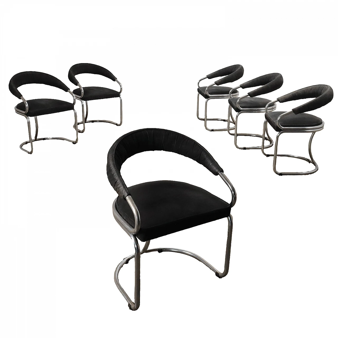 6 Chairs with black fabric upholstery and chrome tubing, 1960s 1