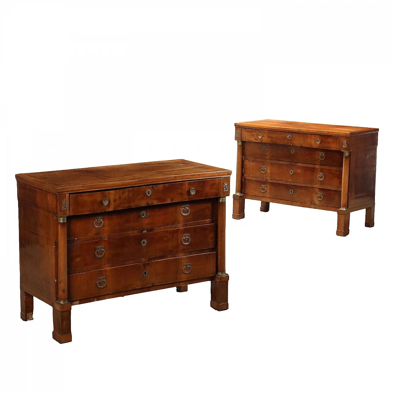 Pair of walnut, fir & bronze dressers with 4 drawers, 19th century 1
