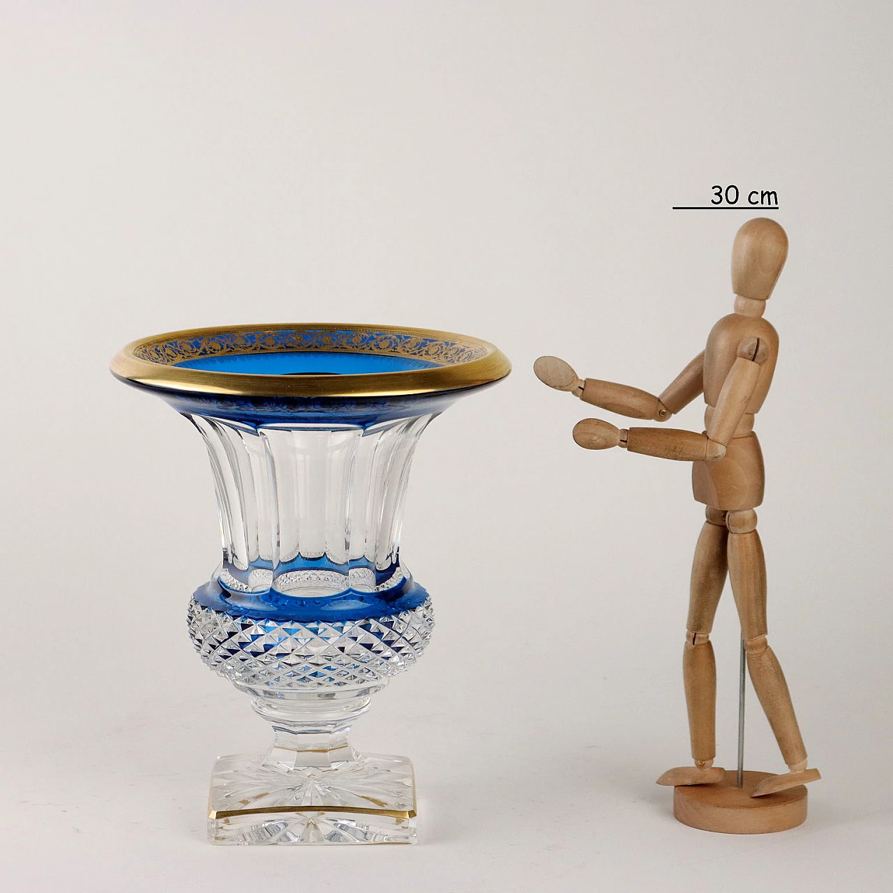 Crystal vase with blue outline and gold decoration by St. Louis 2