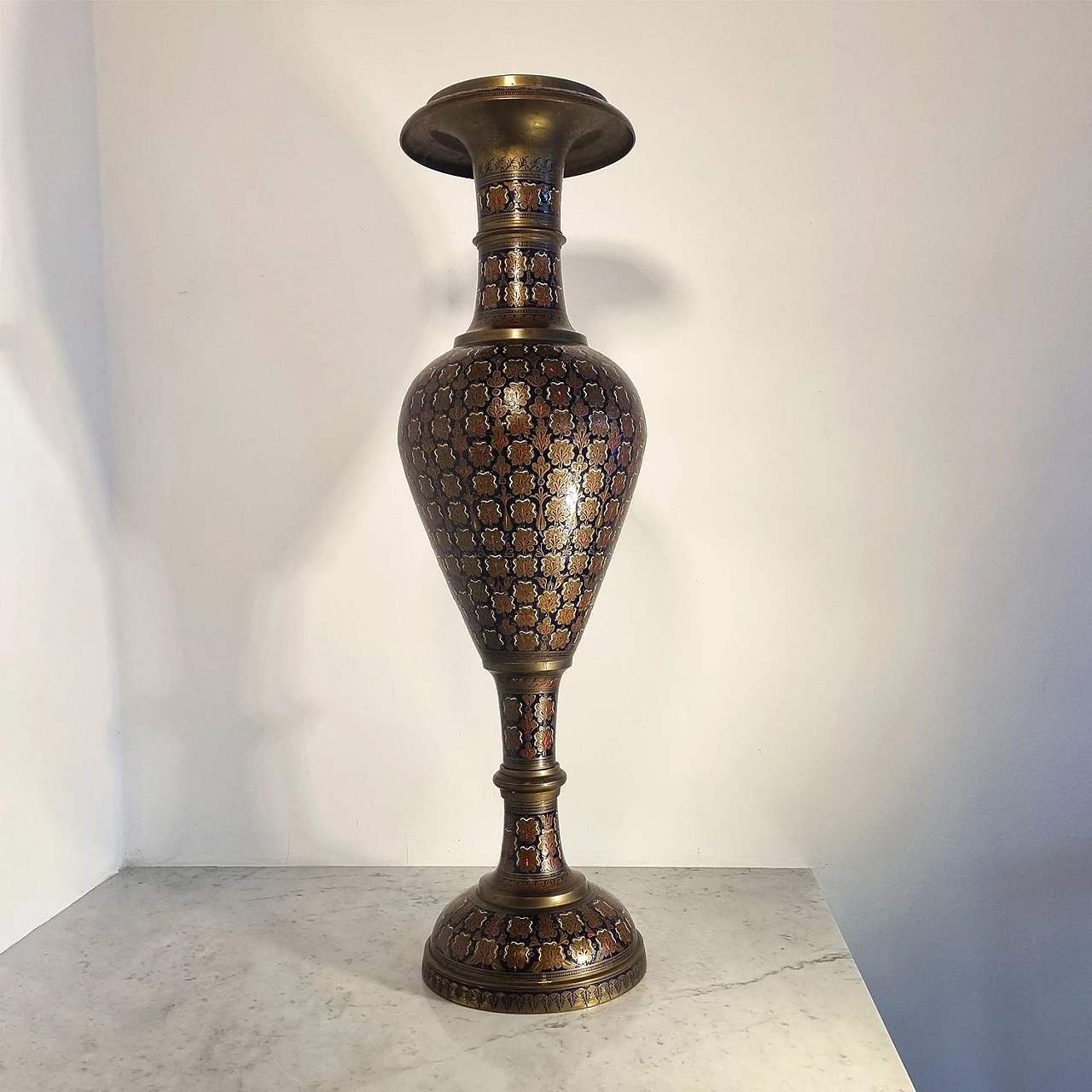 Brass vase with handmade floral decoration, 1980s 3