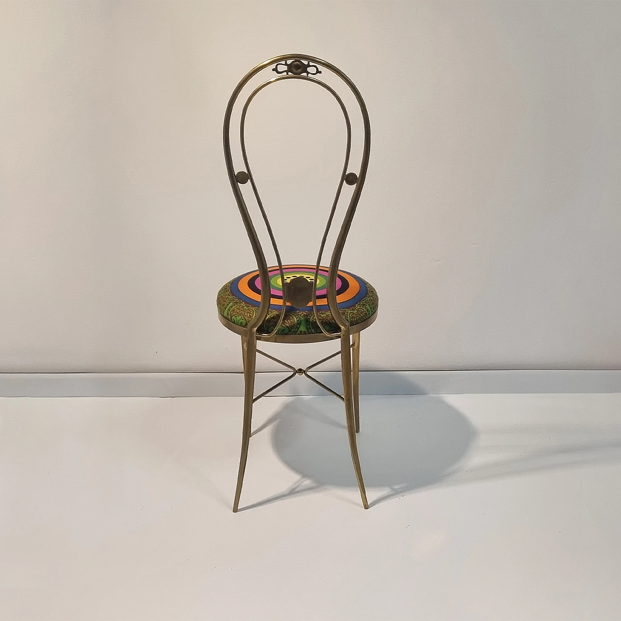 Brass chair with multicolored geometric and floral fabric, 1970s 3