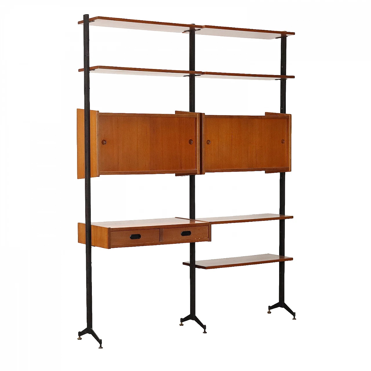 Libreria in teak e metallo con vani contenitori e ripiani, anni '60 1