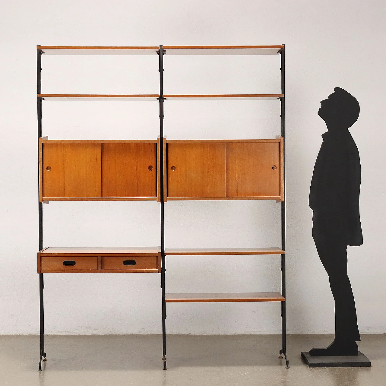 Libreria in teak e metallo con vani contenitori e ripiani, anni '60 2