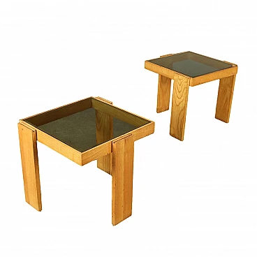 Pair of pine wood and smoked glass side tables, 1970s