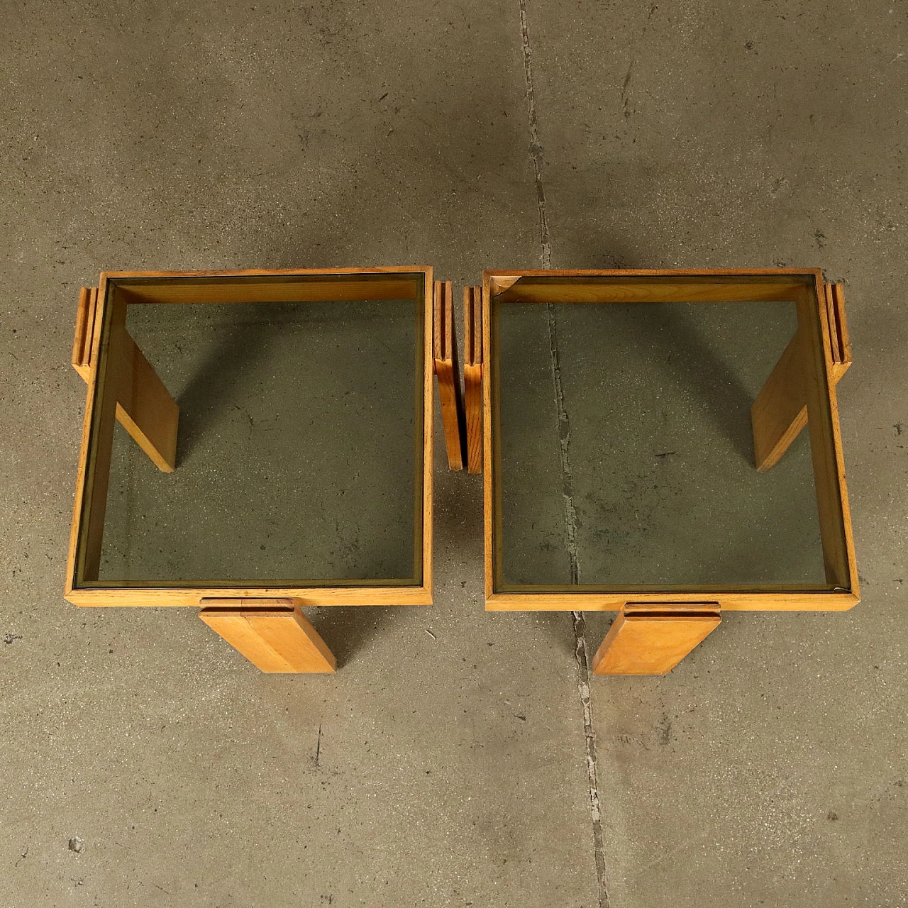 Pair of pine wood and smoked glass side tables, 1970s 3
