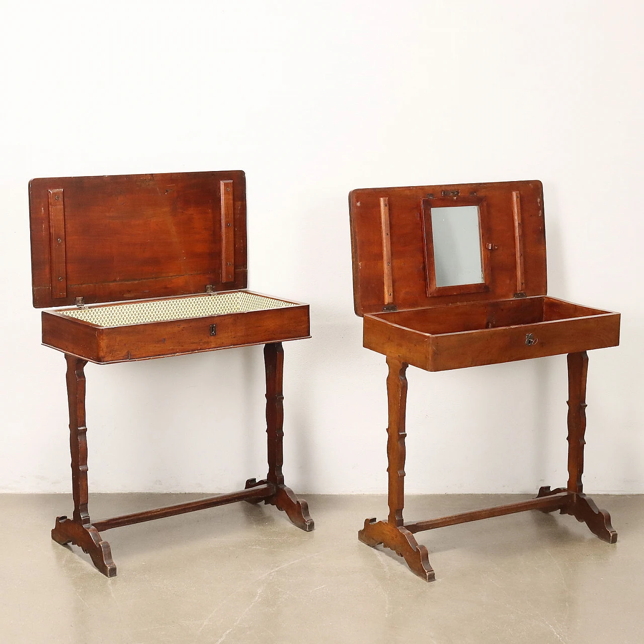 Pair of cherrywood working tables with opening tops, 19th century 3