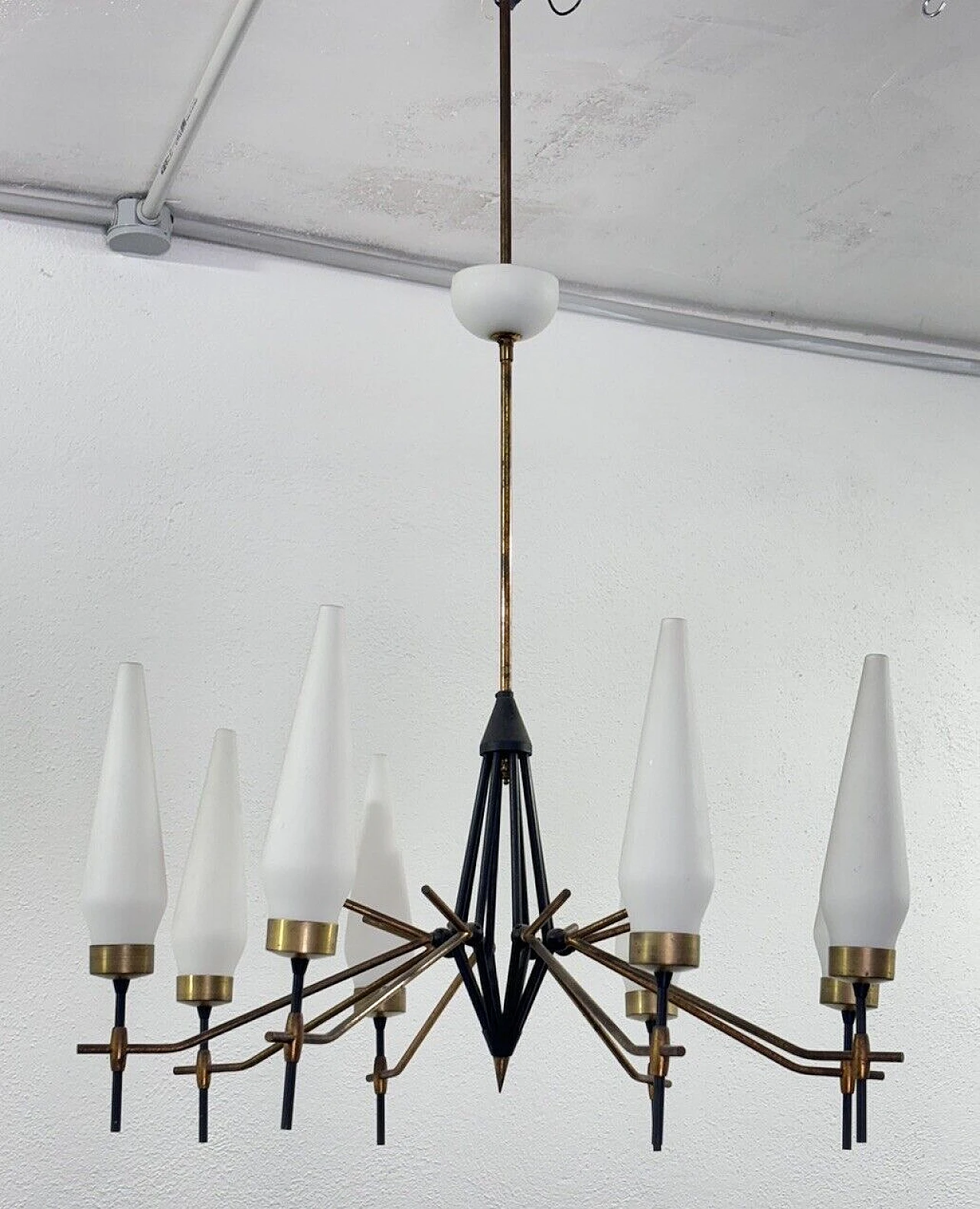 Metal and milk glass chandelier in the style of Angelo Lelli 1