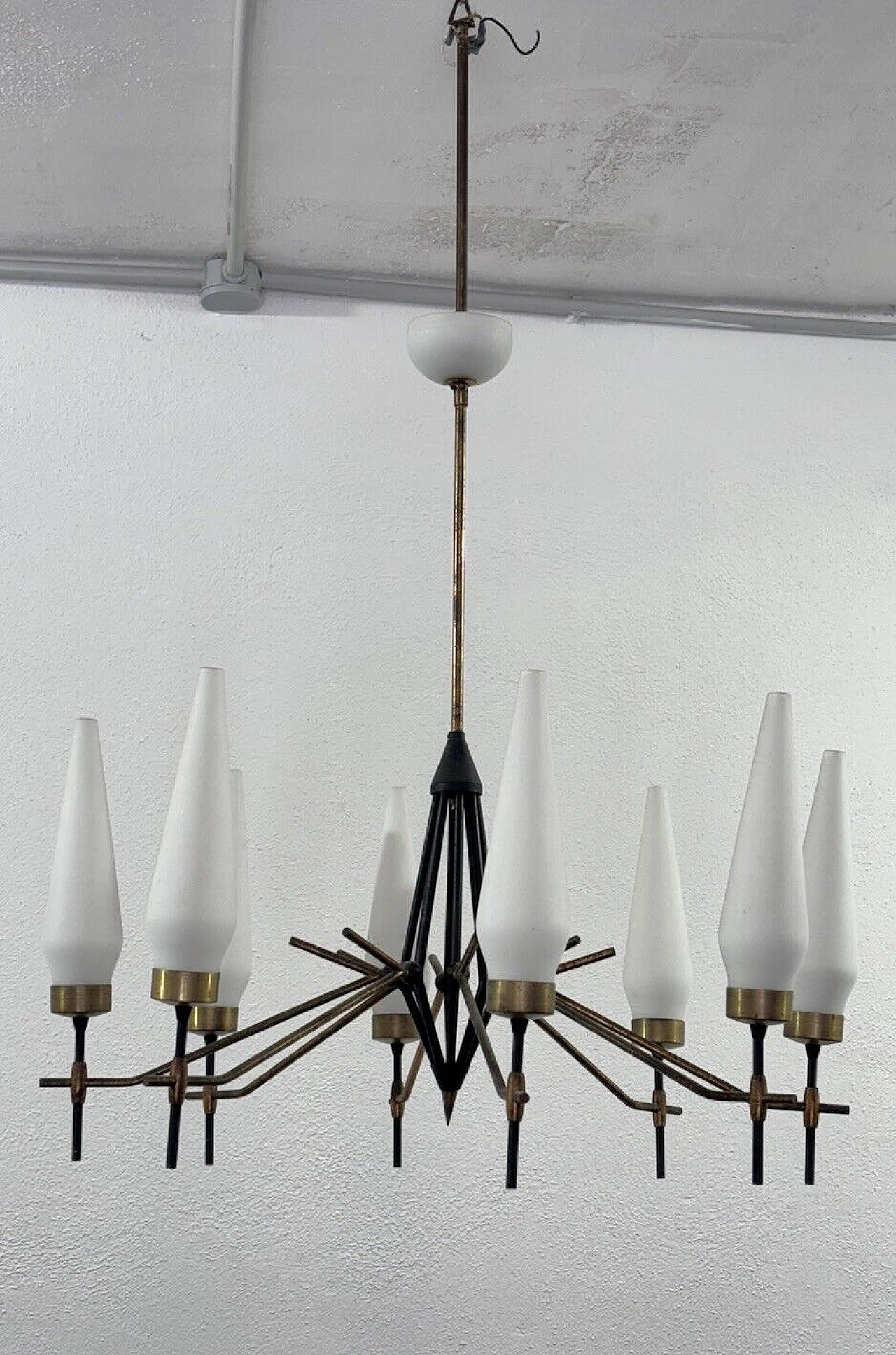 Metal and milk glass chandelier in the style of Angelo Lelli 2
