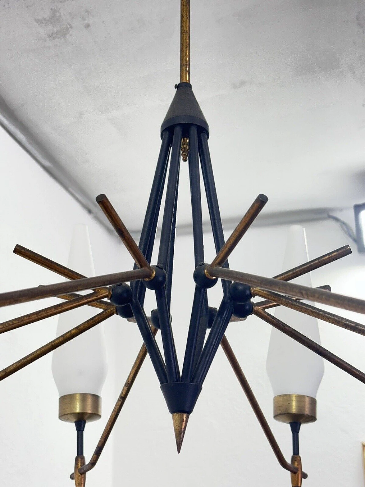 Metal and milk glass chandelier in the style of Angelo Lelli 5