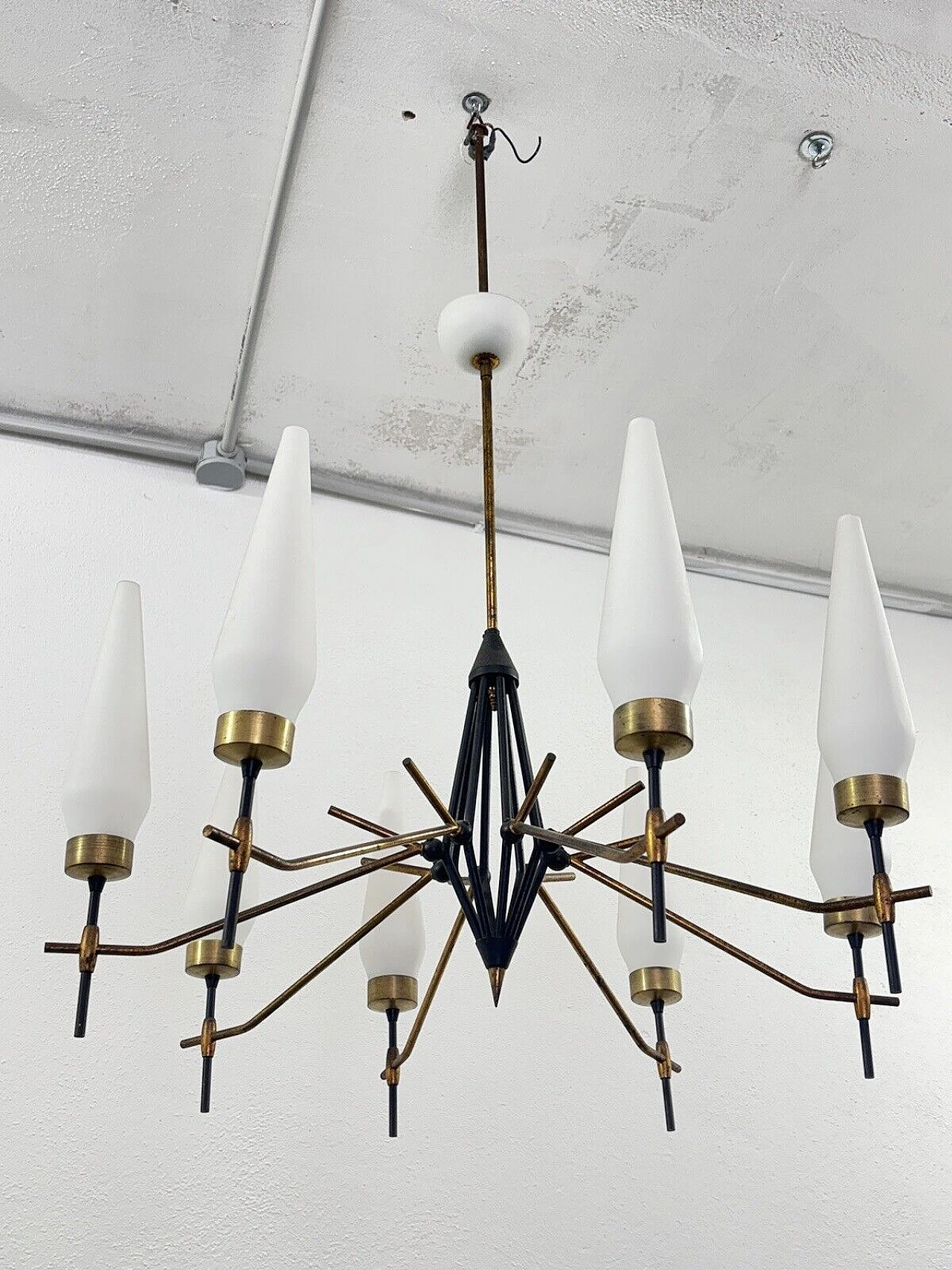 Metal and milk glass chandelier in the style of Angelo Lelli 6