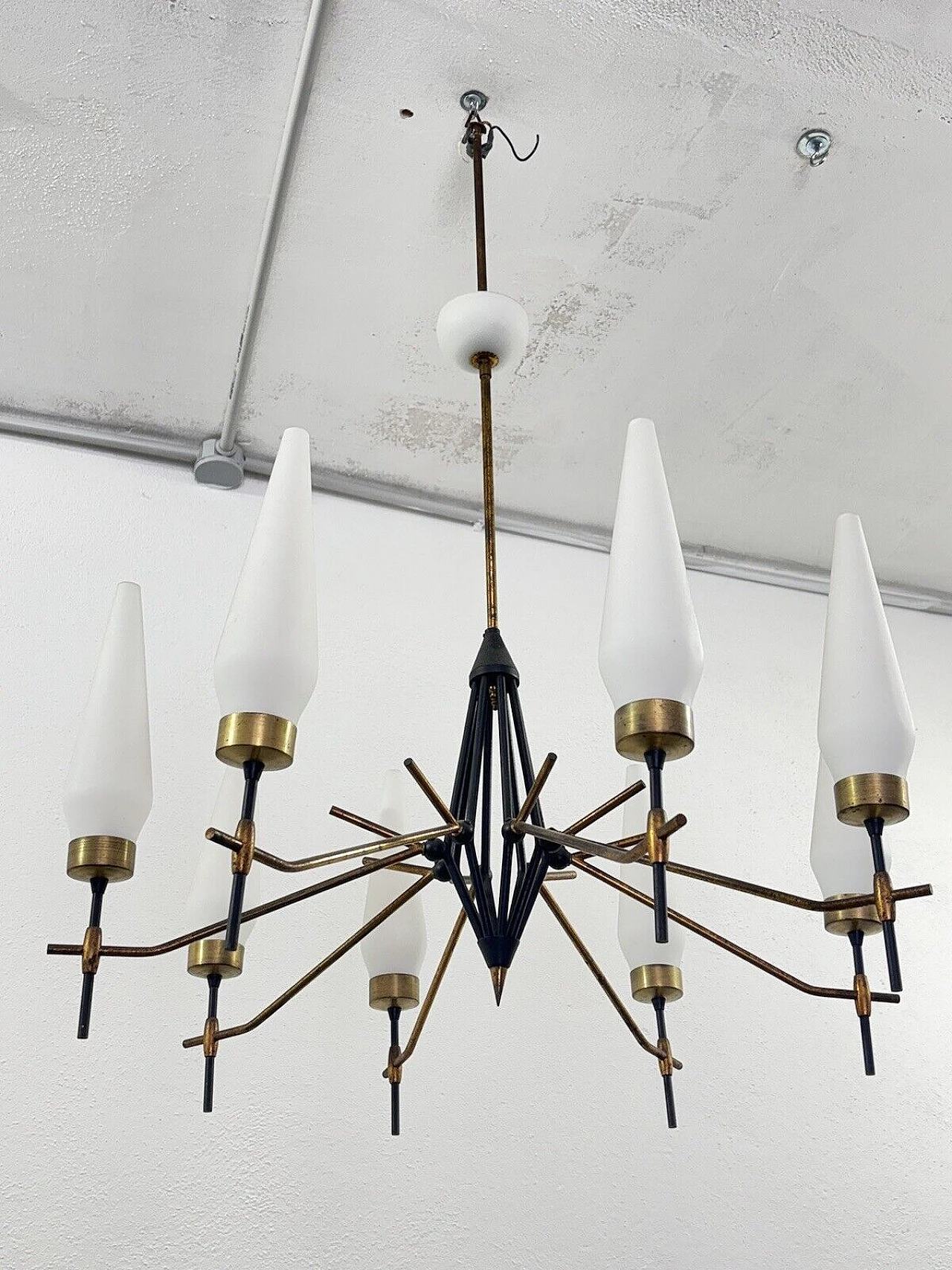 Metal and milk glass chandelier in the style of Angelo Lelli 7