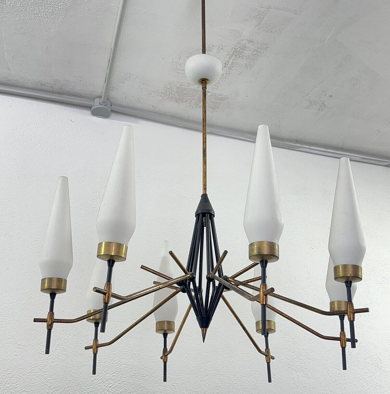 Metal and milk glass chandelier in the style of Angelo Lelli 8
