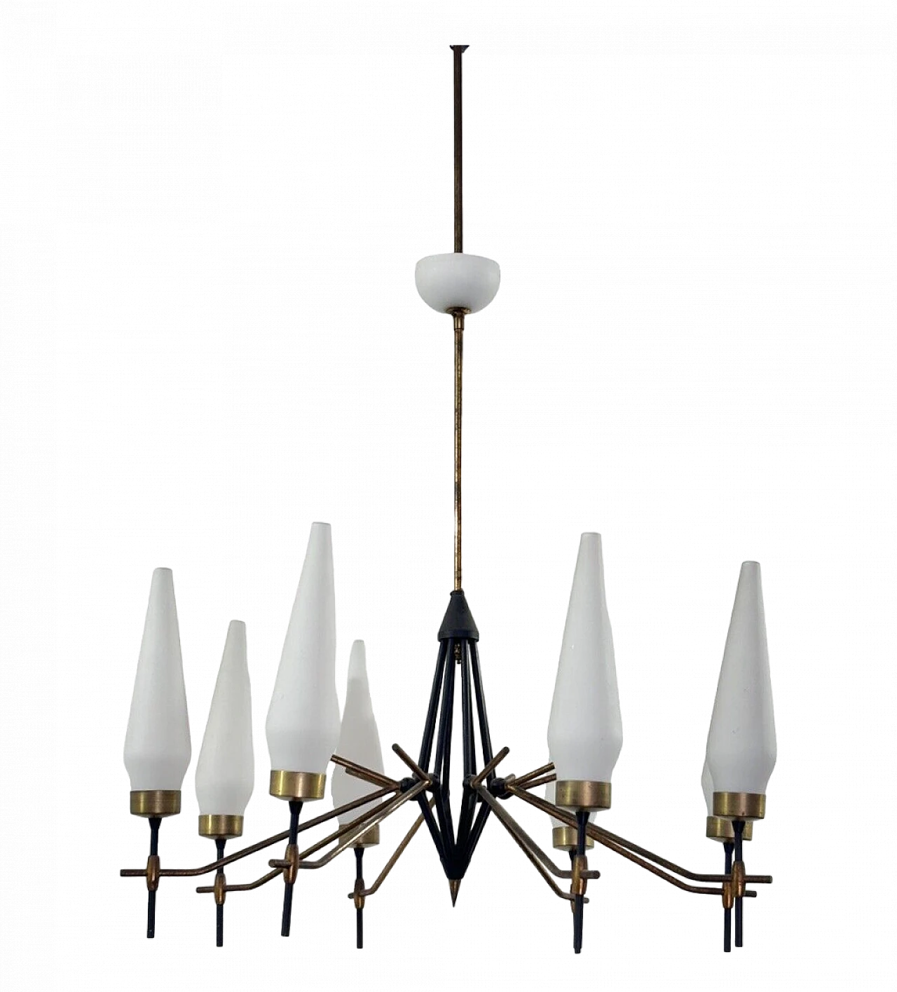 Metal and milk glass chandelier in the style of Angelo Lelli 9