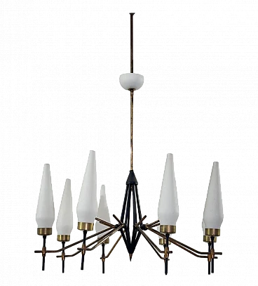 Metal and milk glass chandelier in the style of Angelo Lelli