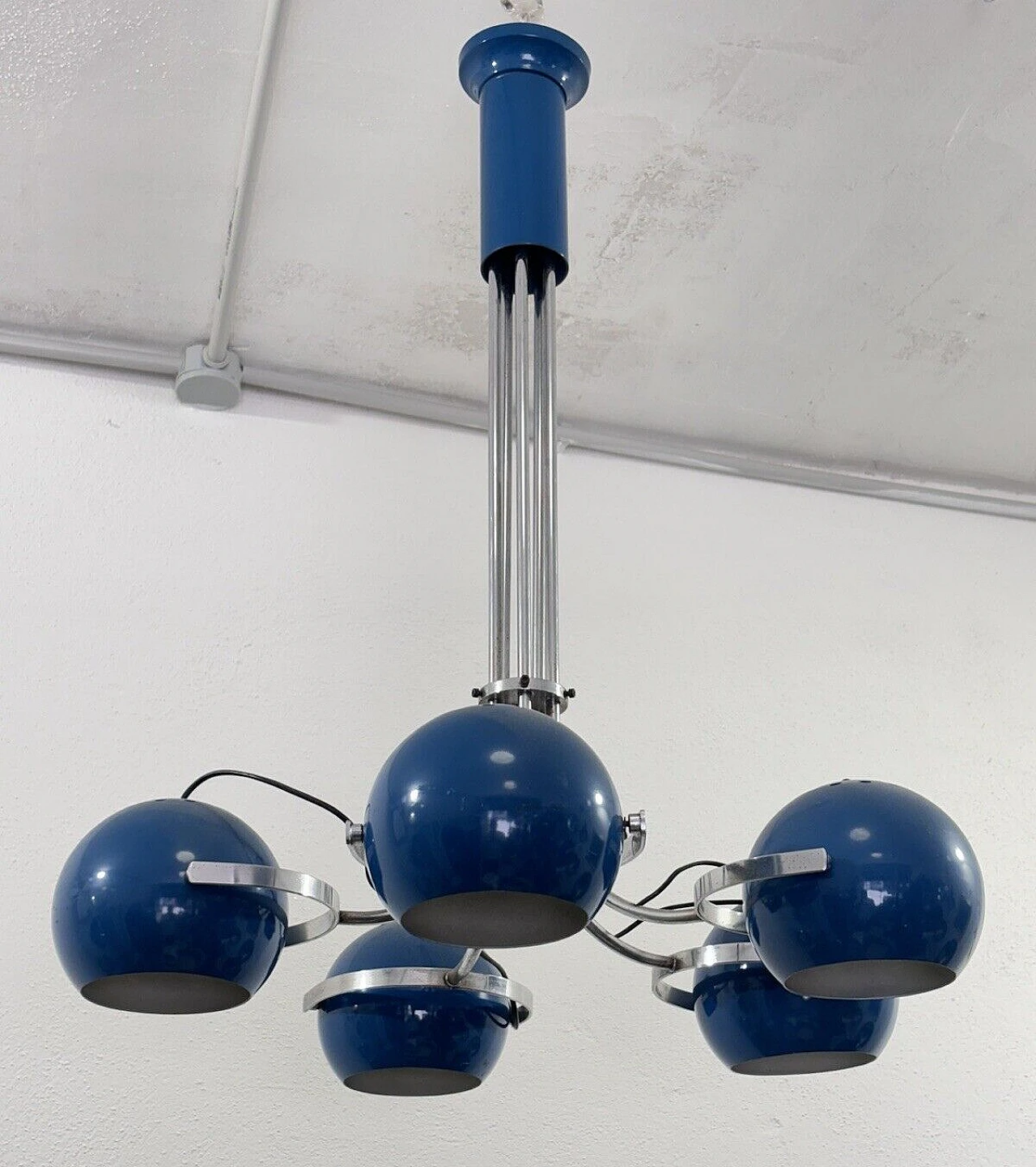 Lampadario Space Age a cinque luci in metallo smaltato blu, anni '70 1