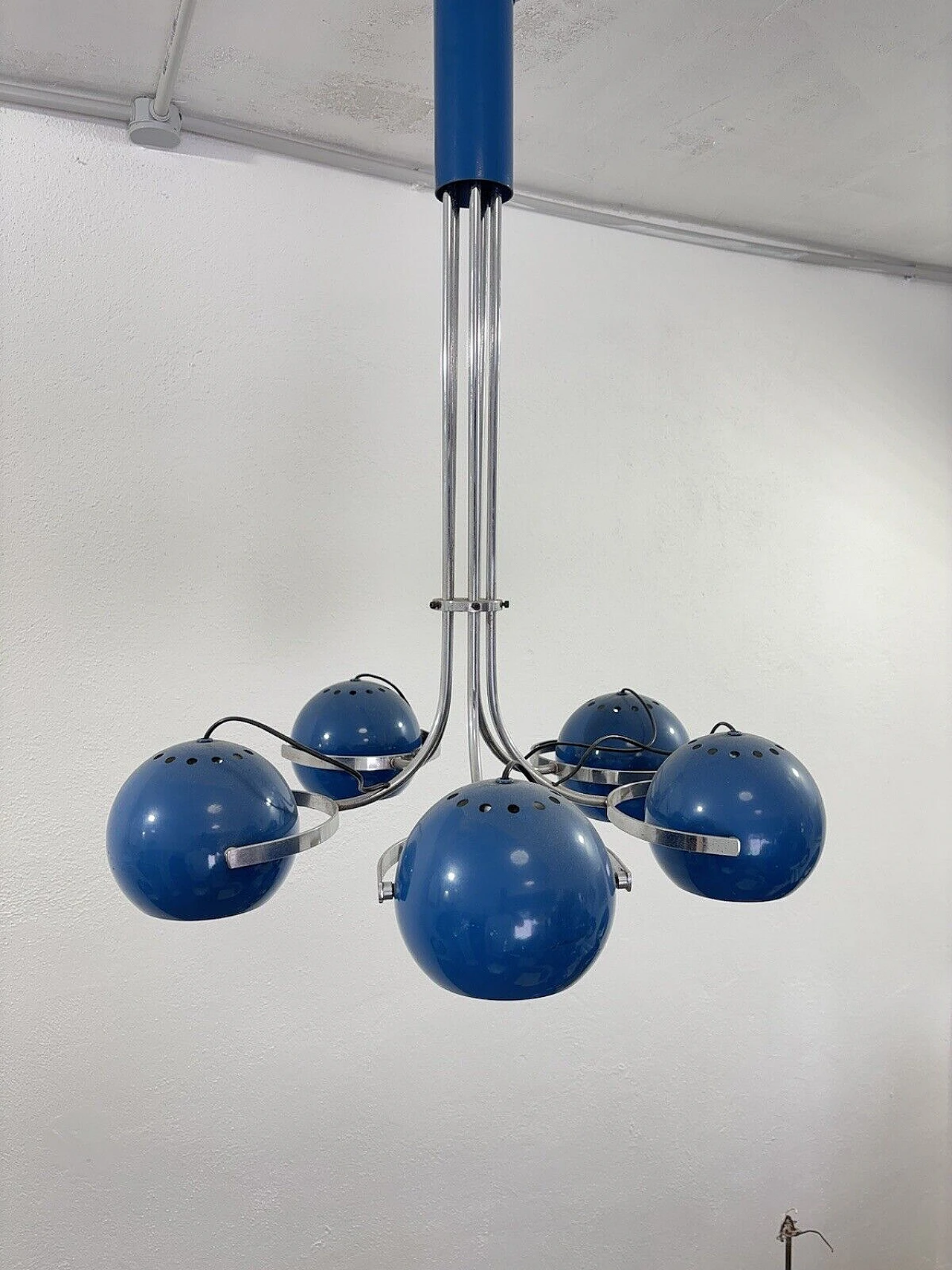 Lampadario Space Age a cinque luci in metallo smaltato blu, anni '70 3